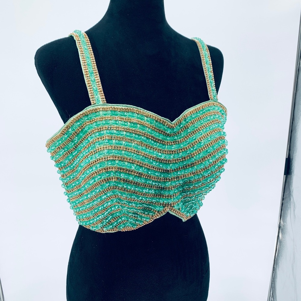 Hand Sewn sz Medium Bead & Rhinestone Blouse Sweetheart Crop Top w/ Sewn In Cups